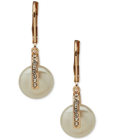 Anne Klein Imitation Pearl and Crystal Stone Gold-Tone Lentil Drop Earrings