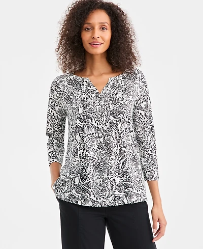 Style & Co Women's Printed Split-Neck Pintucked Knit Top, Macy's Exclusive