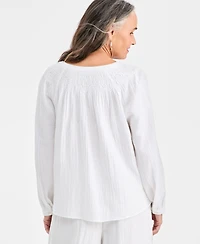 Style & Co Women's Cotton Smocked Split-Neck Peasant Top, Macy's Exclusive