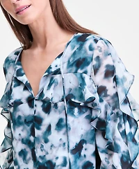 I.n.c. International Concepts Women's Printed Ruffle-Trim Split-Neck Blouse, Macy's Exclusive