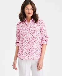 Charter Club Women's 100% Linen Floral Roll-Tab-Sleeve Shirt, Macy's Exclusive