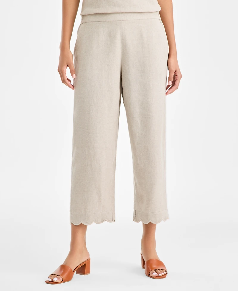 Charter Club Women's 100% Linen Cropped Scalloped-Hem Wide-Leg Pants, Macy's Exclusive