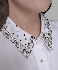 Karl Lagerfeld Paris Women's Collared Long Sleeve Embellished Top
