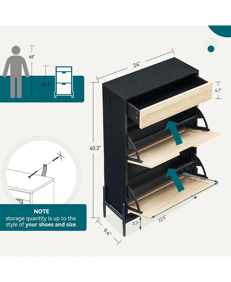 Shoe Storage Cabinet with 2 Flip Doors and Drawers, Rattan Shoe Organizer with Metal Legs and Adjustable Shelf, Freestanding Shoe Rack Cabinet