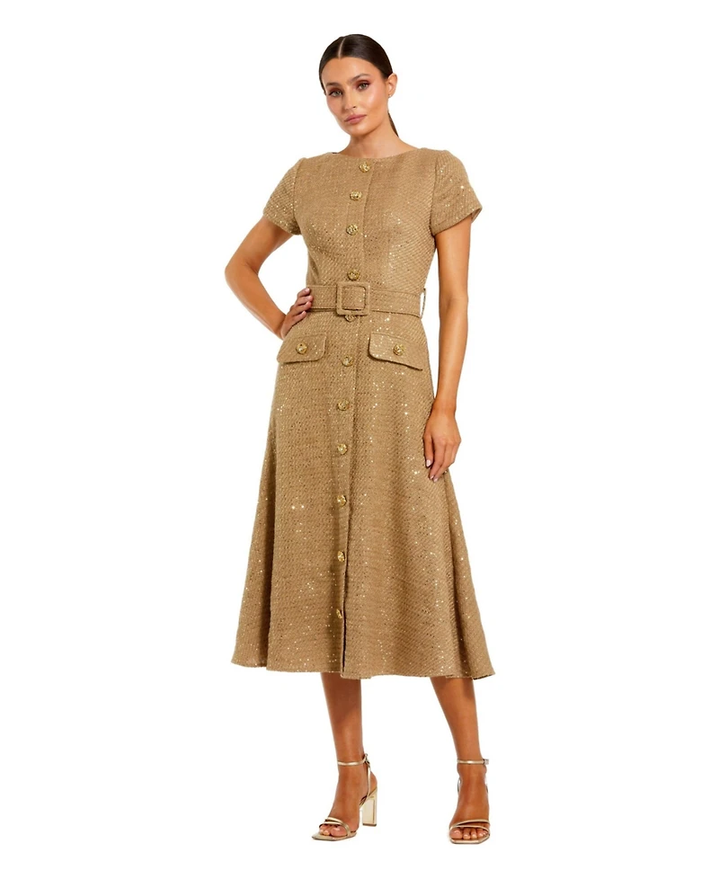 Mac Duggal Women's Boucle Cap Sleeve High Neck Button Up Midi Dress