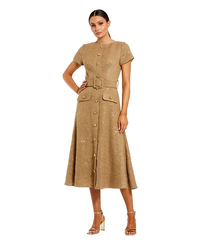 Mac Duggal Women's Boucle Cap Sleeve High Neck Button Up Midi Dress
