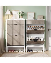 Shoe Storage Cabinet with 2 Flip Drawers,Entrance Wooden Shoe Rack with Iron Legs,Farmhouse Fluted Shoe Organizer for Entryway,Hallway,Foyer,Black+Oak