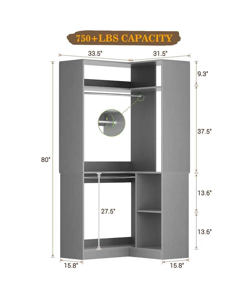 Freestanding Corner Closet Organizer, System with Hanging Rods and Storage Shelves