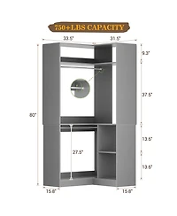 Freestanding Corner Closet Organizer, System with Hanging Rods and Storage Shelves