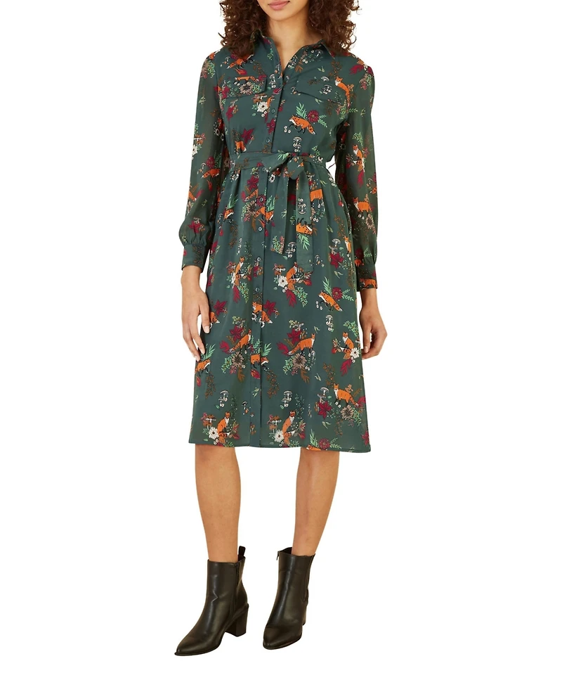 Yumi Women's Fox Print Shirt Midi Dress