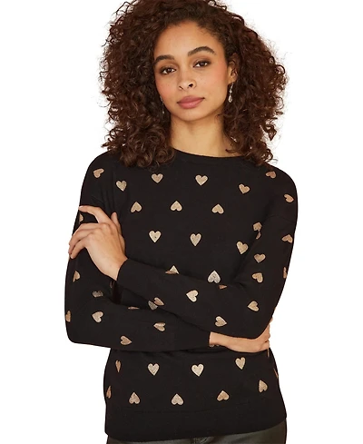 Yumi Women's Foil Heart Print Relaxed Fit Sweater