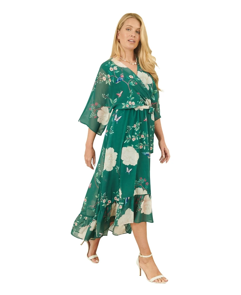 Yumi Women's Mesh Bird And Floral Print Midi Dress