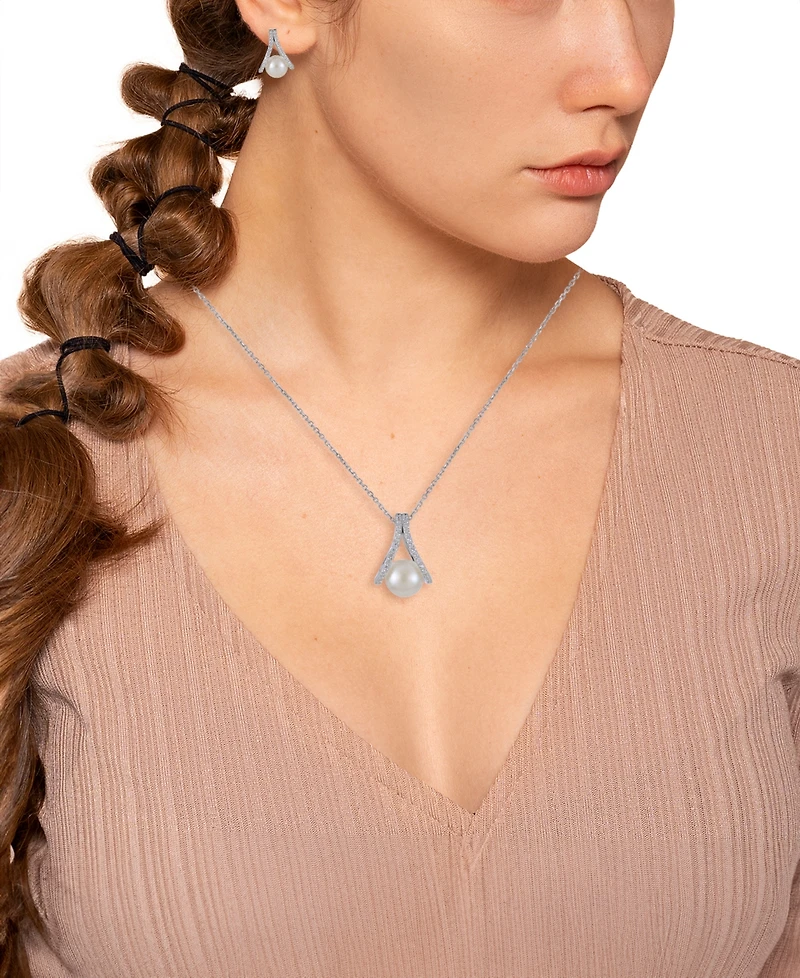 Macy's 2-Pc. Cultured Freshwater Pearl (8-8.5mm) and Lab Created White Sapphire Earring and Pendant Necklace (0.507 ct. t.w.) Set in Sterling Silver