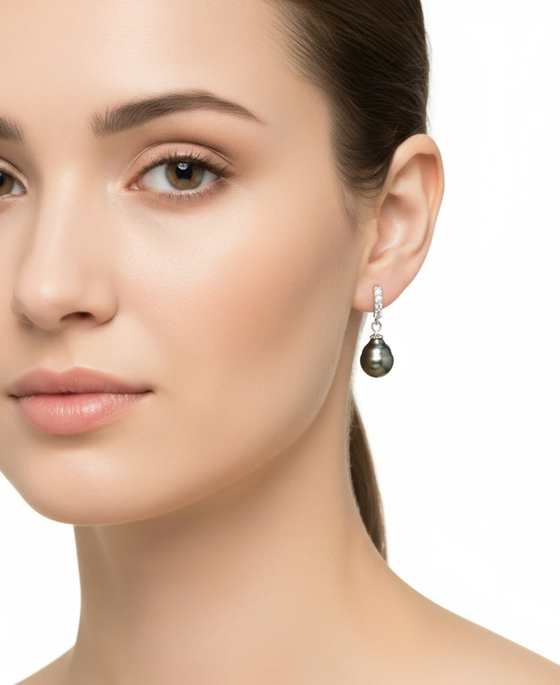 Macy's Cultured Tahitian Pearl (8-9mm) and Lab Created White Sapphire (0.152 ct. t.w.) Drop Earrings in Sterling Silver
