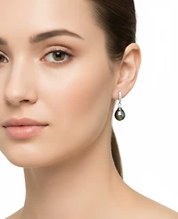 Macy's Cultured Tahitian Pearl (8-9mm) and Lab Created White Sapphire (0.152 ct. t.w.) Drop Earrings in Sterling Silver