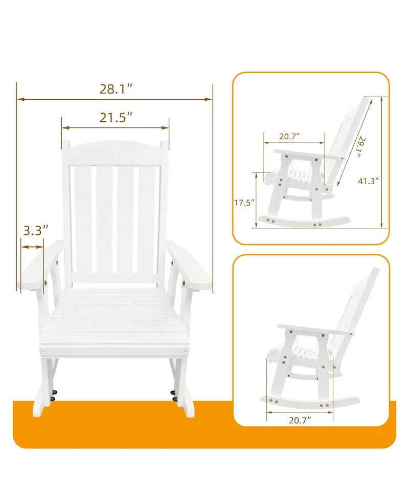 Mega Casa Wooden Rocking Chair with Comfortable Backrest Inclination, High Backrest and Deep Contoured Seat, for Backyard, Porch and Patio (Pu White)