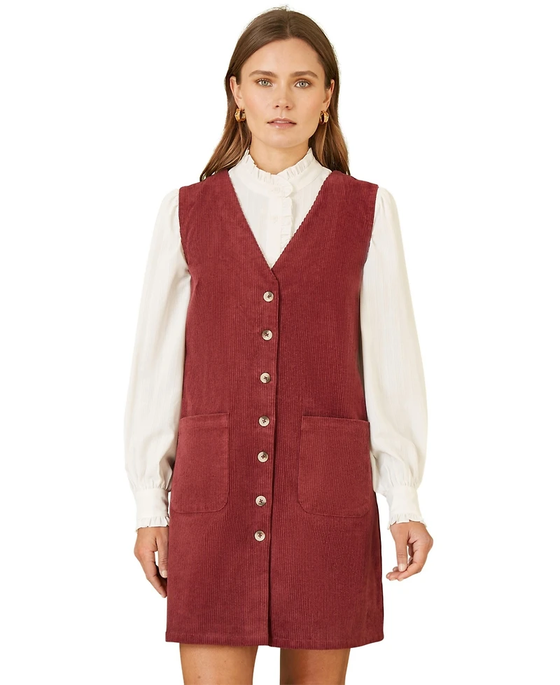 Yumi Women's V-Neck Cord Pinafore Dress