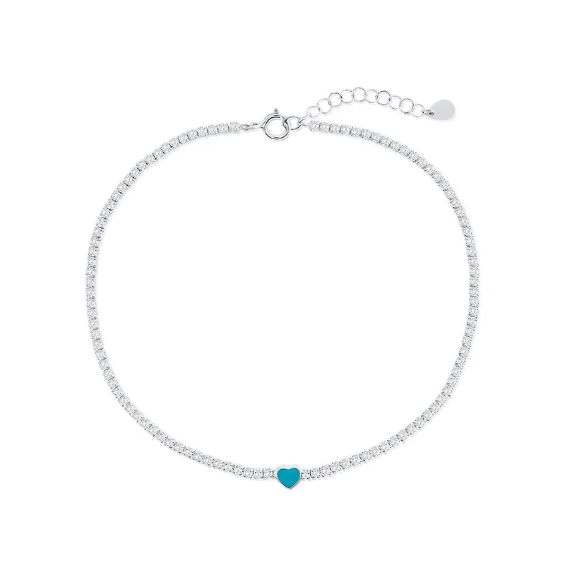 Sterling Silver, Enamel Heart, Cz Tennis Anklet - Turquoise