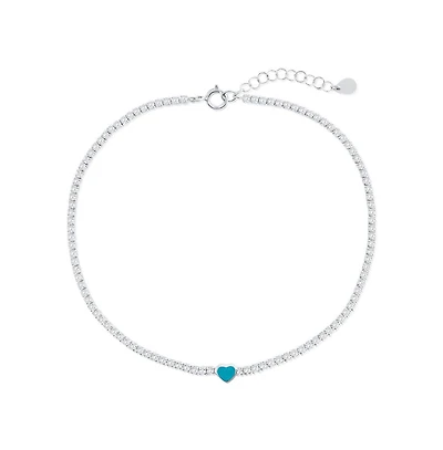 Sterling Silver, Enamel Heart, Cz Tennis Anklet - Turquoise