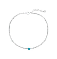 Sterling Silver, Enamel Heart, Cz Tennis Anklet - Turquoise