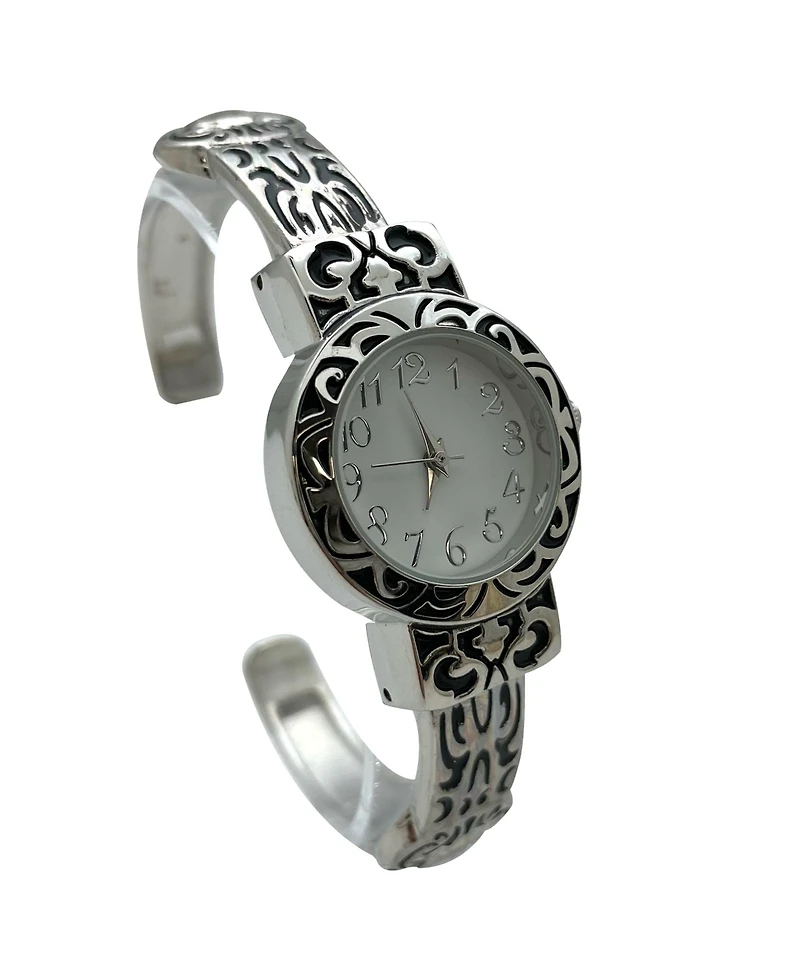 Olivia Pratt Elegant Metallic and Detailed Round Face Bangle Women Watch, Silver