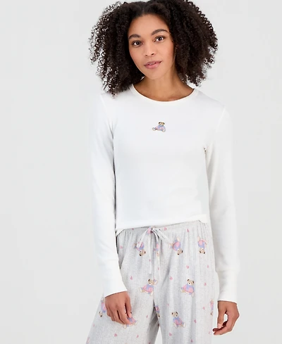 Hippie Rose Juniors' Ribbed Long-Sleeve Embroidered Top