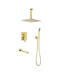 Rainsken Ceiling Mount Shower Faucet Set, Rain Mixer Shower Combo Set with Hand Shower, 16 inch Shower Head and Tub Spout, Brushed Gold