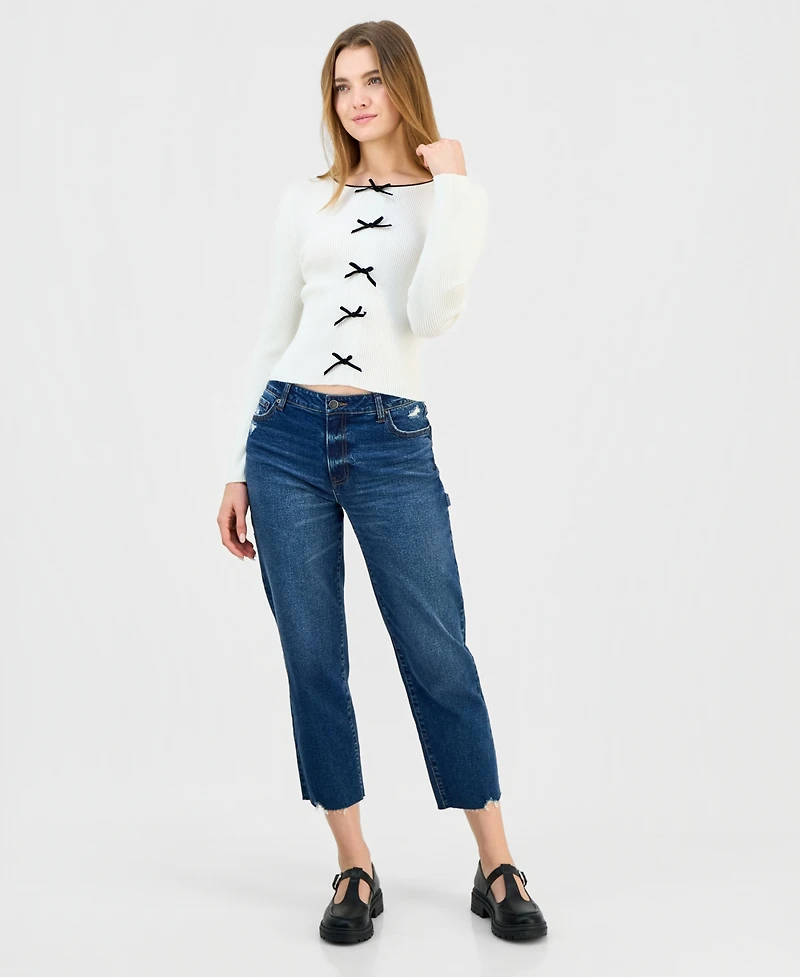 Madden Girl Juniors' Crewneck Bow-Trim Long-Sleeve Sweater