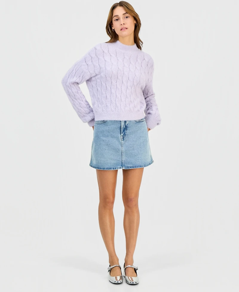 Hippie Rose Juniors' Mock-Neck Eyelash-Cable Knit Sweater