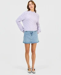 Hippie Rose Juniors' Mock-Neck Eyelash-Cable Knit Sweater
