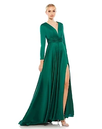 Mac Duggal Women's Ieena Long Sleeve Ruched Waist A-Line Gown