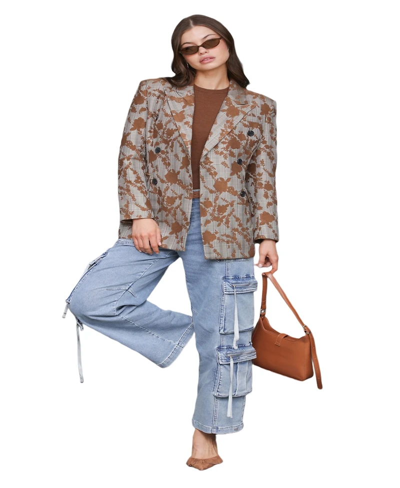 Avec Les Filles Women's Long Sleeves Plaid Floral Blazer