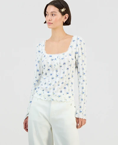 Madden Girl Juniors' Ditsy-Print Pointelle-Knit Top