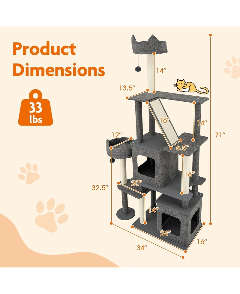 Gymax 71'' Tall Cat Tree for Indoor Cats Modern Multi-Level Cat Tower Activity Center
