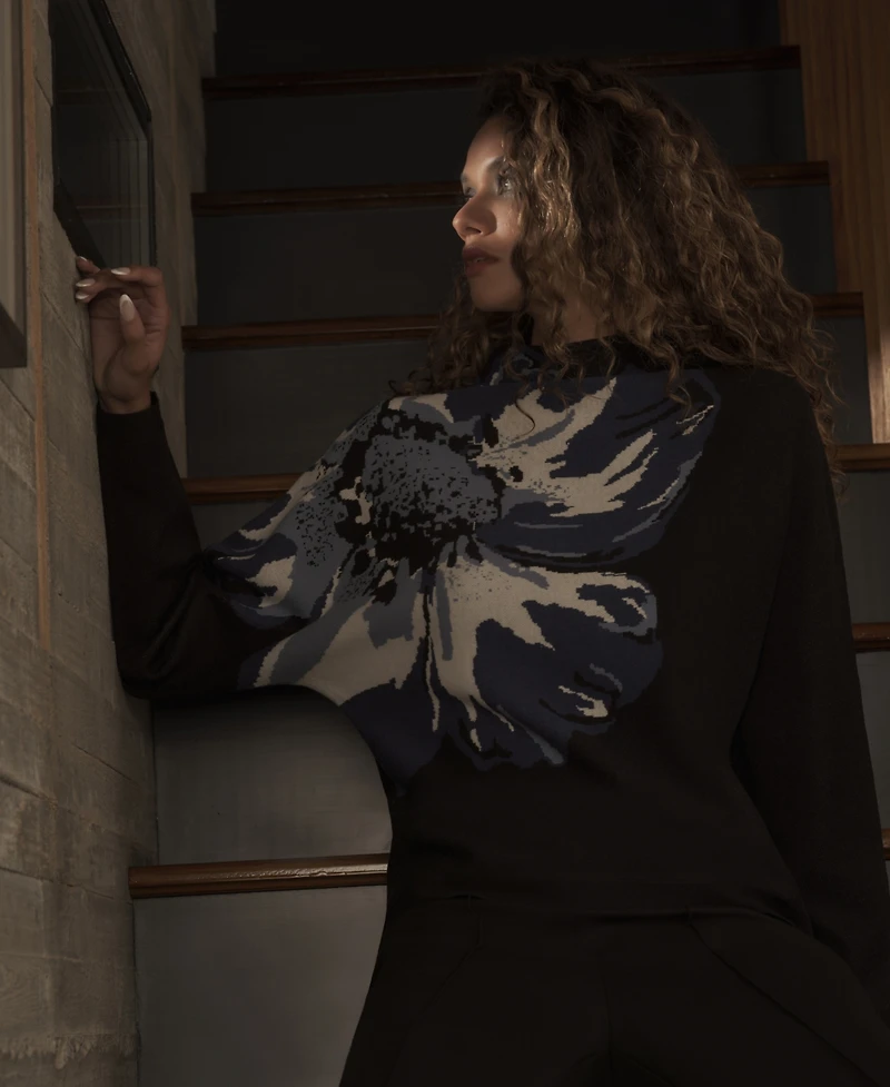 T Tahari Women's Floral Funnel-Neck Long-Sleeve Sweater