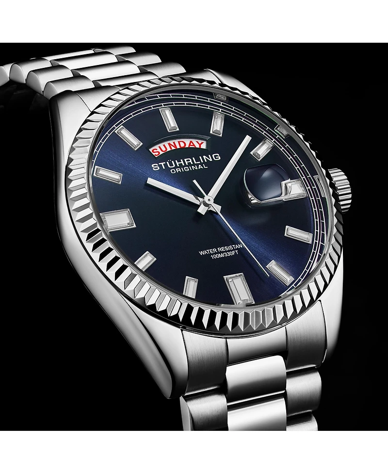 Stuhrling Statesman 4070 Men s Watch – Stainless Steel Bracelet, Blue Dial, Day-Date Quartz, 42mm Fluted Bezel