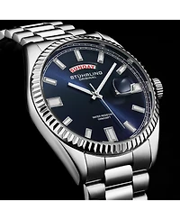 Stuhrling Statesman 4070 Men s Watch – Stainless Steel Bracelet, Blue Dial, Day-Date Quartz, 42mm Fluted Bezel