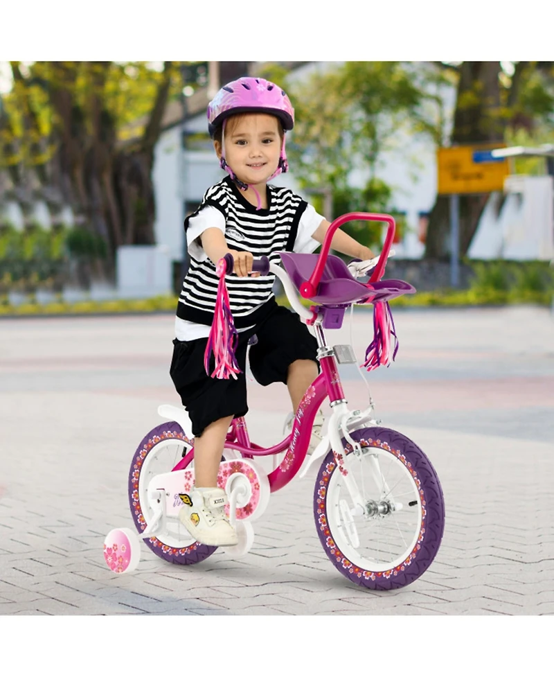 14 Inch Kids Bike with Doll Seat and Removable Training Wheels for 3-7 Years Old
