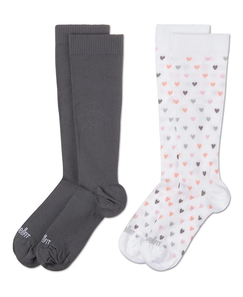 Wellfit Women's 2 Pair Pack Hearts/ Solid Compression Socks