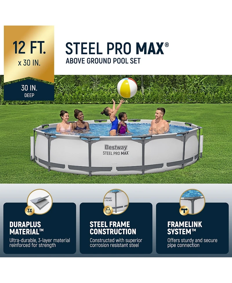 Bestway Steel Pro Max 12 Foot by 30 Inch Above Ground Swimming Pool Set, Gray