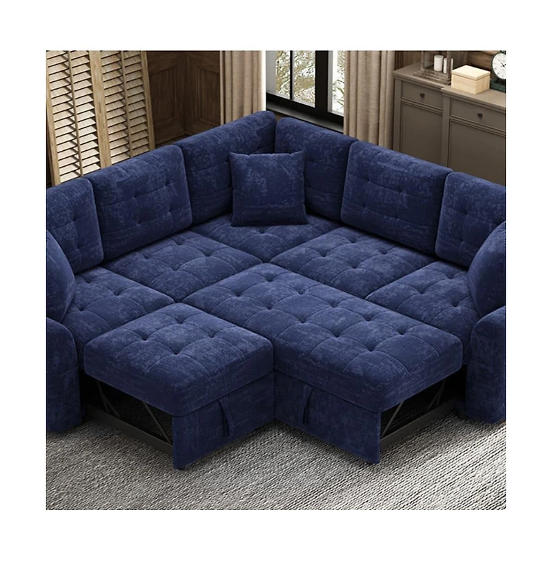 Maison Boucle 82.6" L-Shaped Pull Out Sleeper Sofa with Usb Ports, Power Outlets & Wheels, Modular Sectional Bed for Living Room