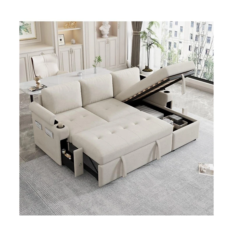 Maison Boucle 83.5'' L-Shaped Sleeper Sofa Bed with Reversible Chaise, Pull-Out Bed, Usb Ports, Cup Holders & Storage Drawers for Living Room