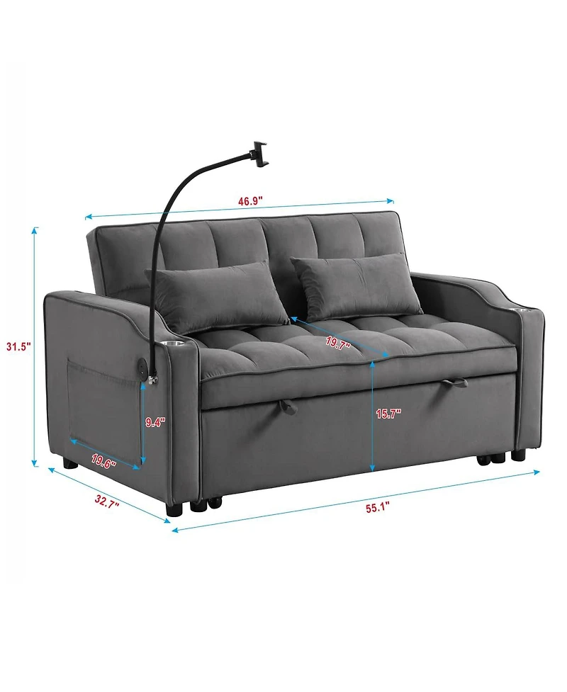 Tufted Convertible Loveseat Sleeper Sofa with Pull-Out Bed, Usb Charging & Cup Holders, Space-Saving 3-in-1 Design-Maison Boucle
