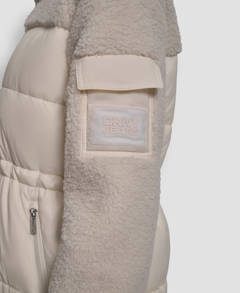 Dkny Jeans Women's Faux-Sherpa Puffer Mixed Coat