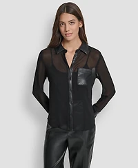 Dkny Jeans Women's Faux-Leather Trim Sheer-Mesh Shirt - BLK