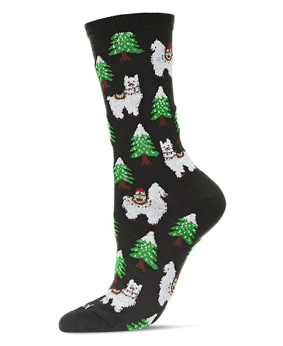 MeMoi Women's Llama Trees Christmas Crew Socks