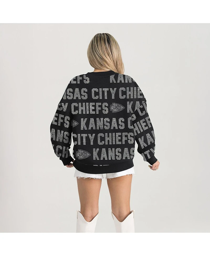 Gameday Couture Women's Black Kansas City Chiefs Relaxed Drop Shoulder Hype Era Rhinestone Text Sweatshirt