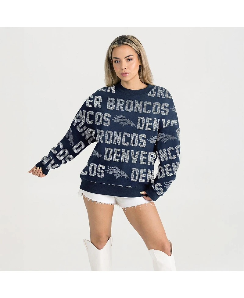 Gameday Couture Women's Navy Denver Broncos Relaxed Drop Shoulder Hype Era Rhinestone Text Sweatshirt