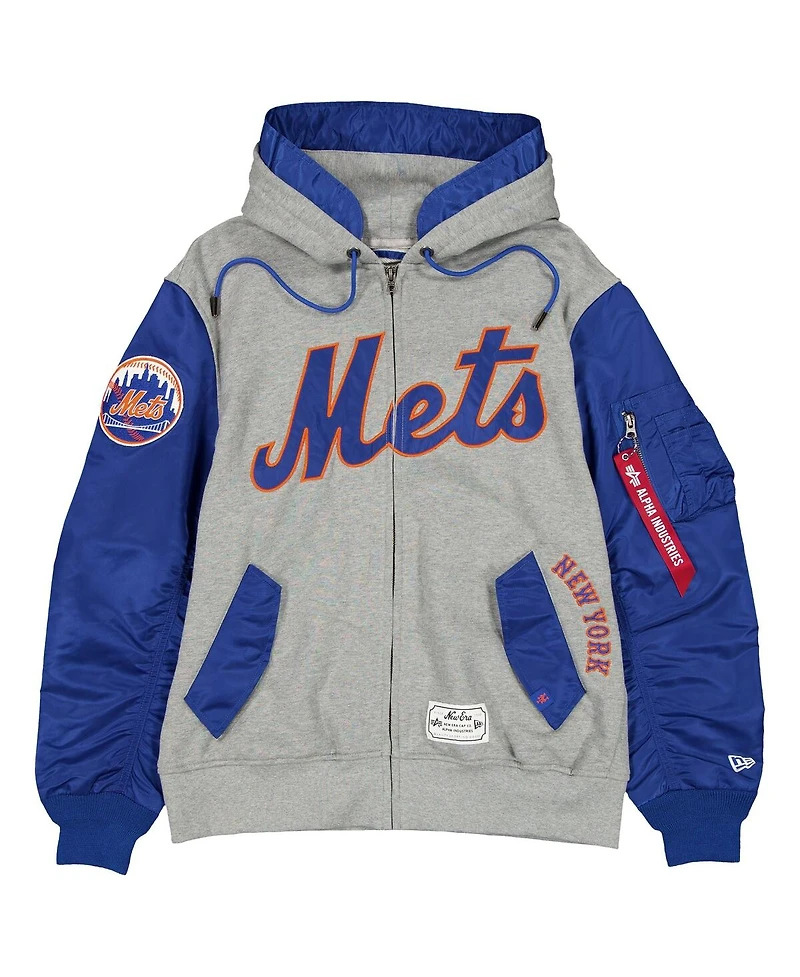 New Era Men's Heather Gray/Royal York Mets Full-Zip Hoodie Jacket