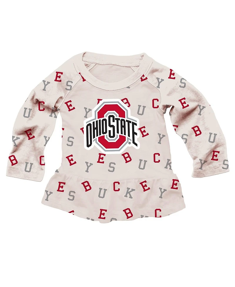 Wes & Willy Girls Toddler 2-Piece Oatmeal Ohio State Buckeyes Ruffle Raglan Long Sleeve T-Shirt and Leggings Set
